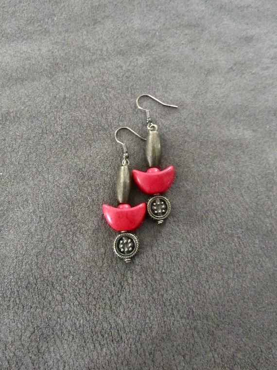 Unique red howlite and bronze earrings
