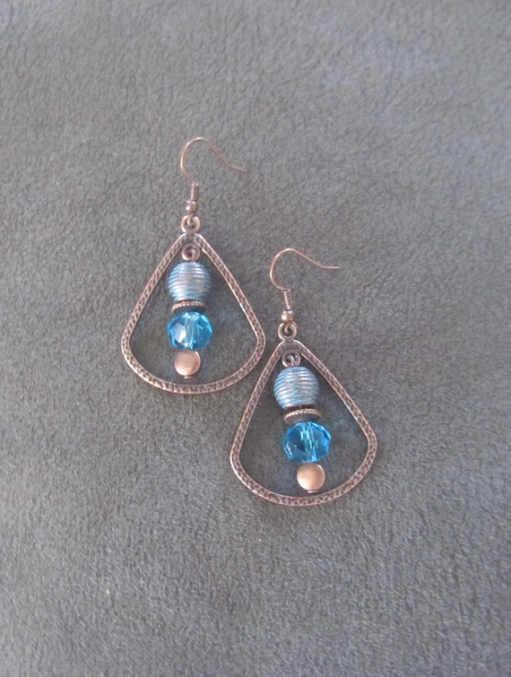 Patina copper and blue crystal earrings