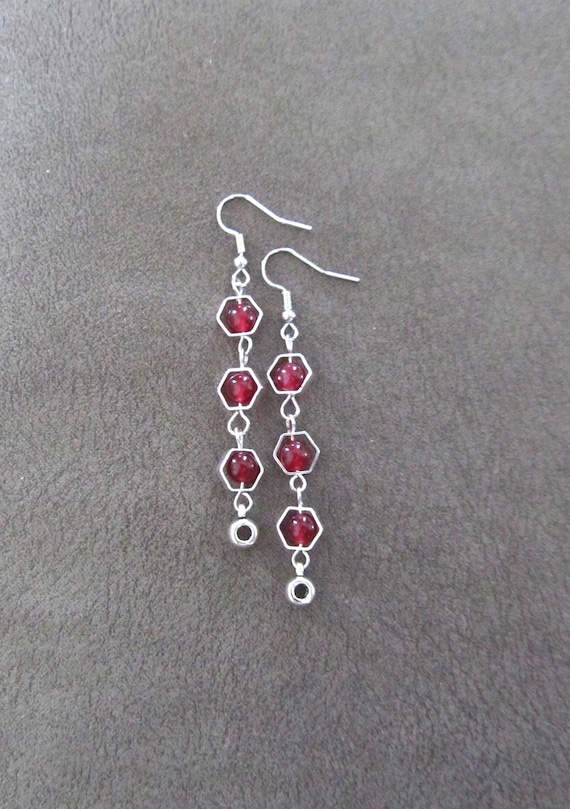 Silver and red geometric hexagon earrings