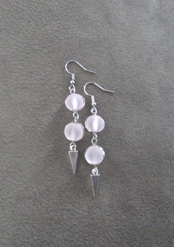 Long Pink Frosted Glass Earrings: Silver Geometric Dangles