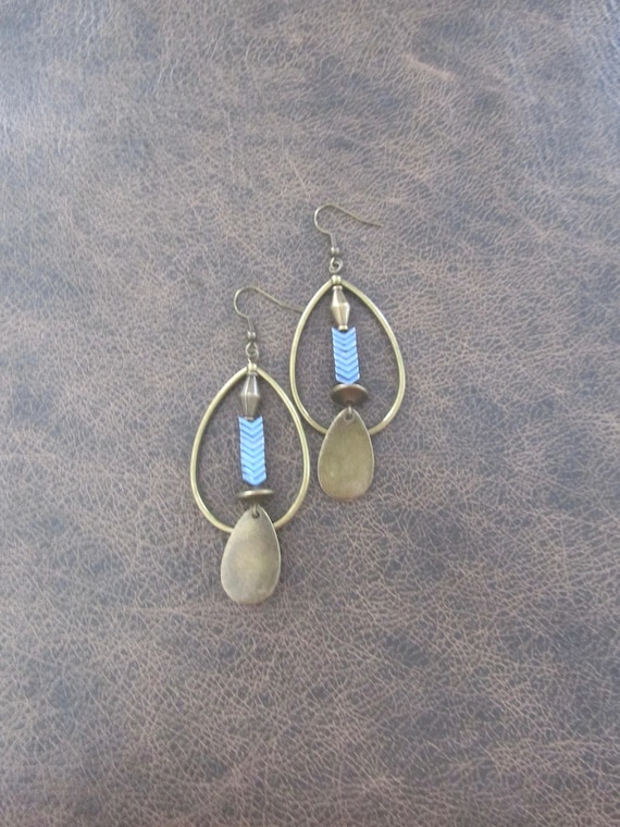 Bronze and hematite tear drop hoop earrings, blue