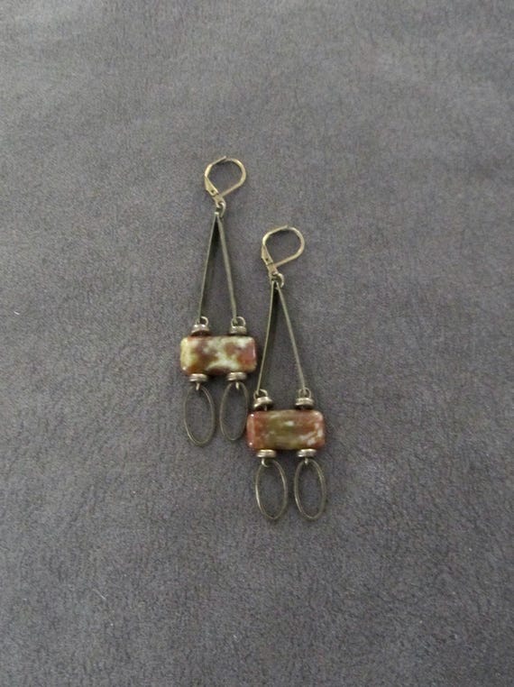 Unique stone and bronze dangle earrings