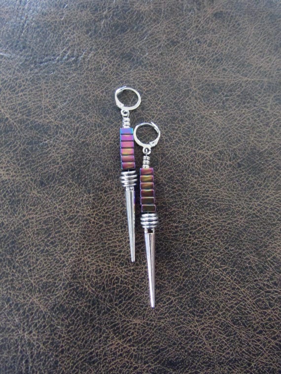 Silver and multicolor hematite spike earrings