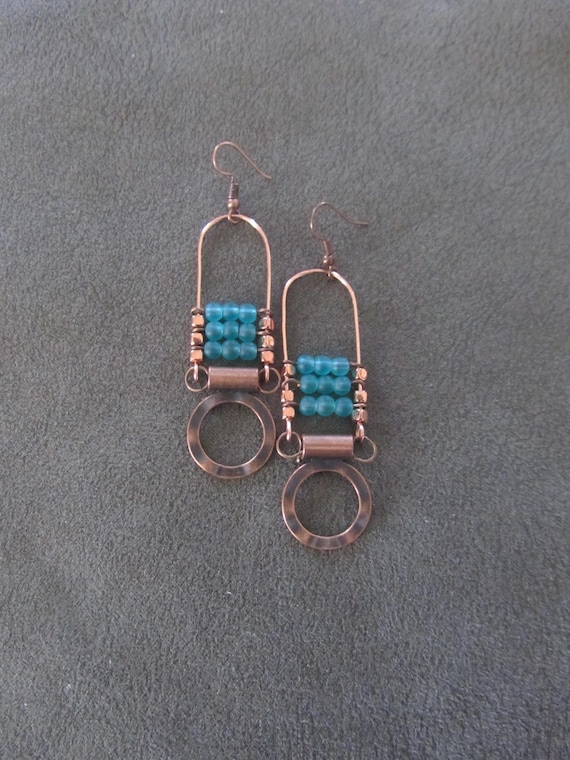 Copper and frosted glass ethnic dangle earrings, teal