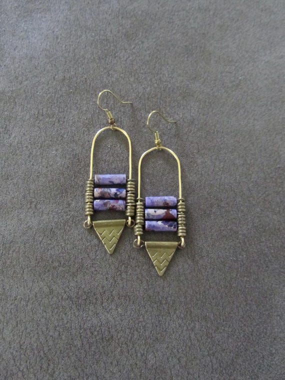 Purple imperial jasper and bronze unique ethnic earrings