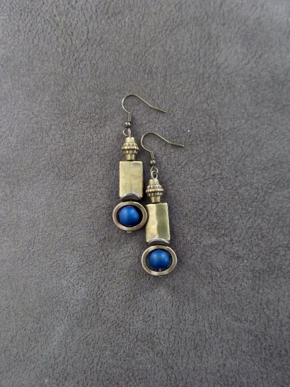 Industrial earrings, blue agate and bronze minimalist earrings