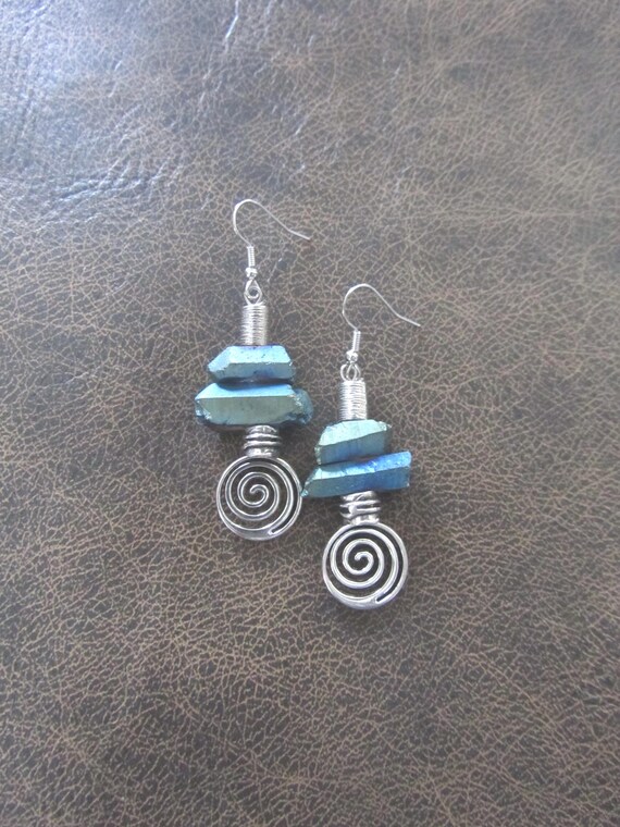 Raw quartz crystal earrings, blue and silver