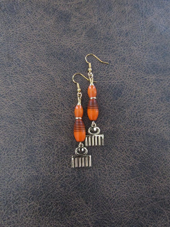 Afro pick earrings, adinkra symbol earrings, beauty earrings, Afrocentric earrings, comb earrings, orange