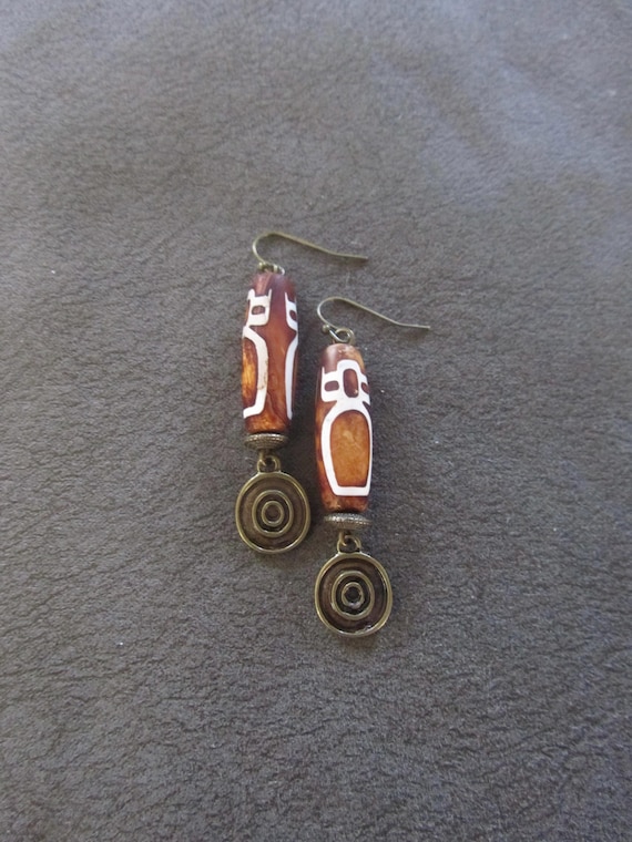 Tibetan agate and bronze tribal earrings