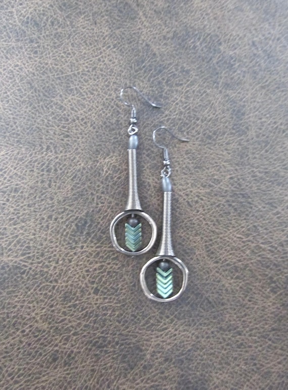 Gunmetal and green hematite arrow geometric earrings