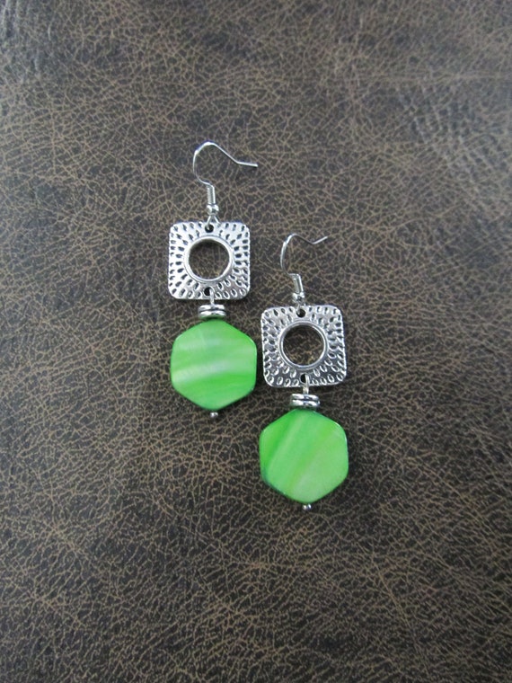 Green mother of pearl shell and silver earrings