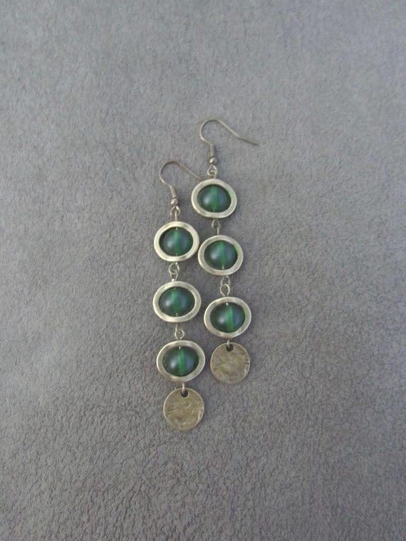 Long bohemian green frosted glass and bronze earrings