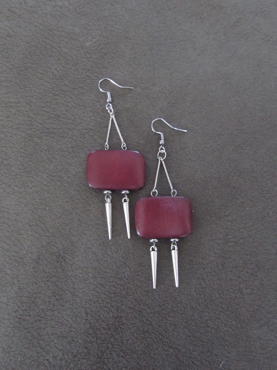 Large geometric mid century wooden earrings, red