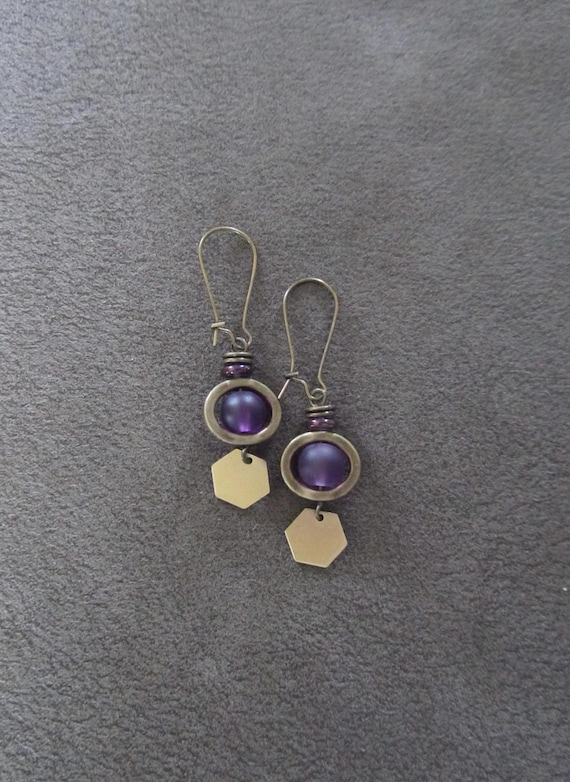 Bronze and purple sea glass earrings, hexagon