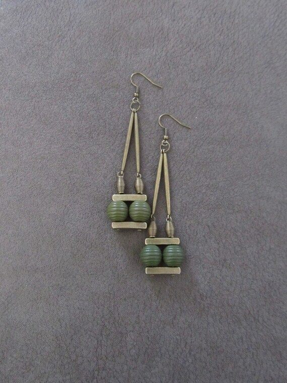 Geometric wooden earrings, bronze dangle earrings, Afrocentric jewelry, African earrings, khaki green earrings, mid century modern earrings