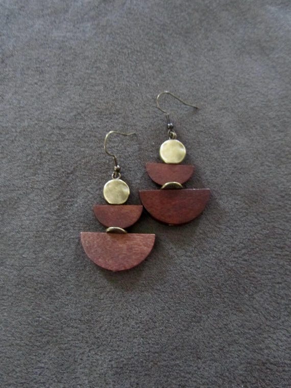 Brown wooden earrings, Afrocentric dangle earrings, mid century modern earrings, African earrings, antique bronze earrings, unique earrings