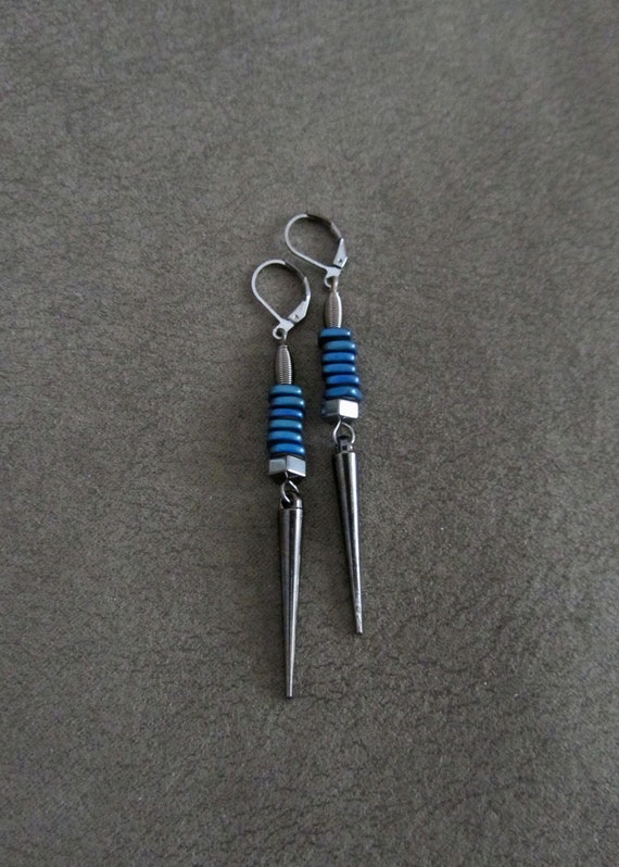 Royal blue and grey spike earrings