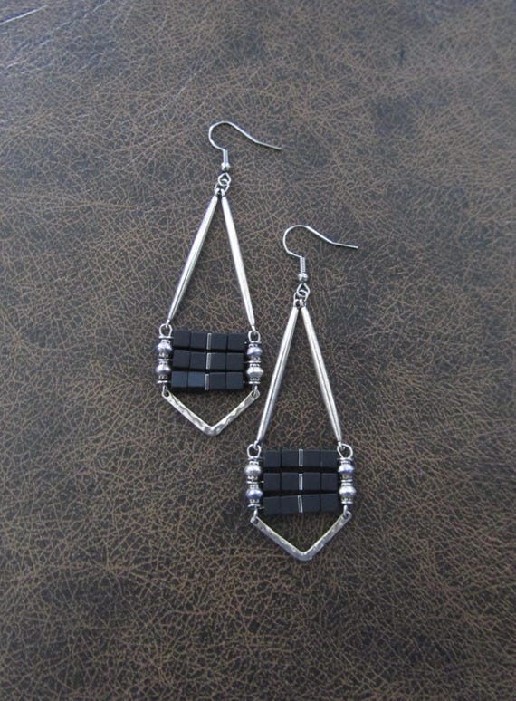Geometric earrings, black and silver minimalist unique Art Deco earrings 2