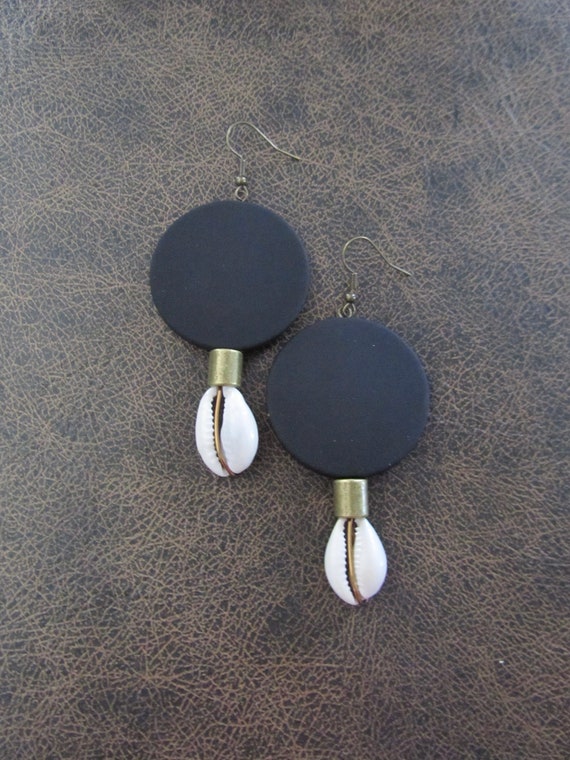 Large black and bronze cowrie shell earrings
