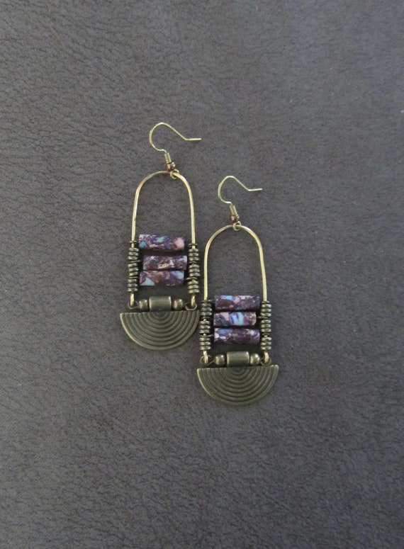 Purple imperial jasper and bronze unique ethnic earrings,