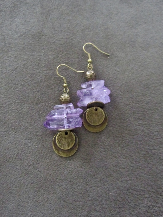 Raw quartz crystal earrings, purple and bronze