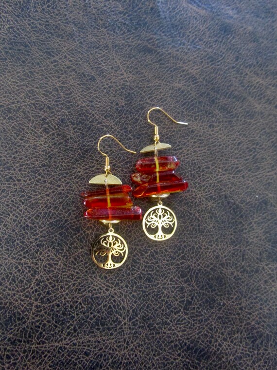 Raw quartz crystal earrings, orange 2