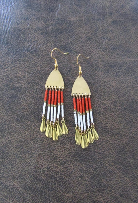 Orange and cream seed bead and gold stainless steel earrings