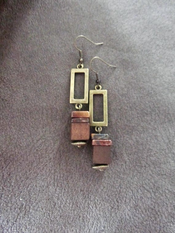 Modern jasper and brown wooden earrings