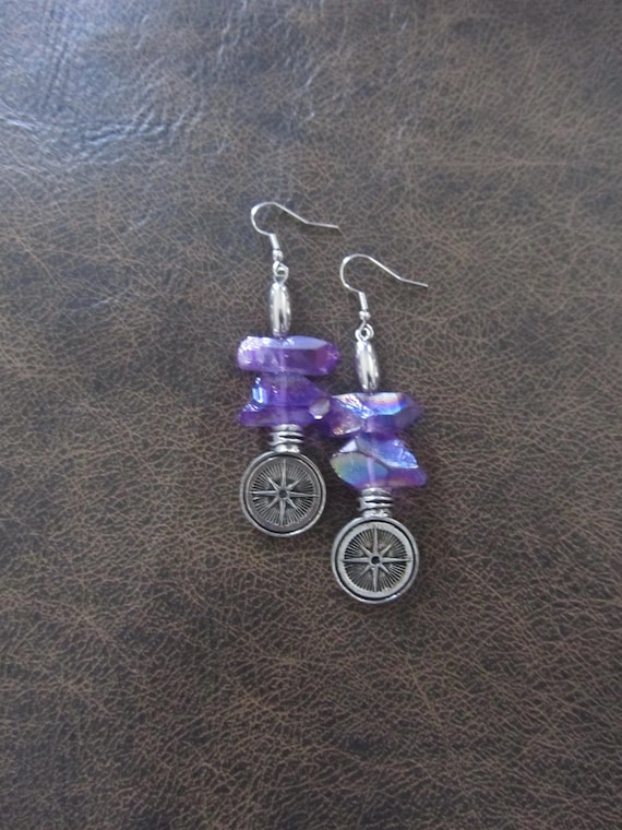 Raw quartz crystal earrings, purple geometric 22