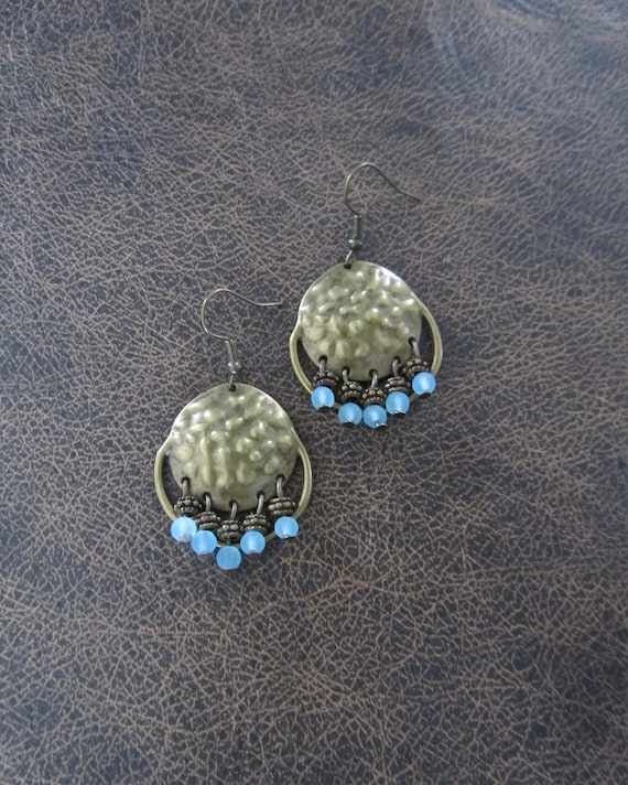 Baby blue frosted glass and hammered bronze chandelier earrings