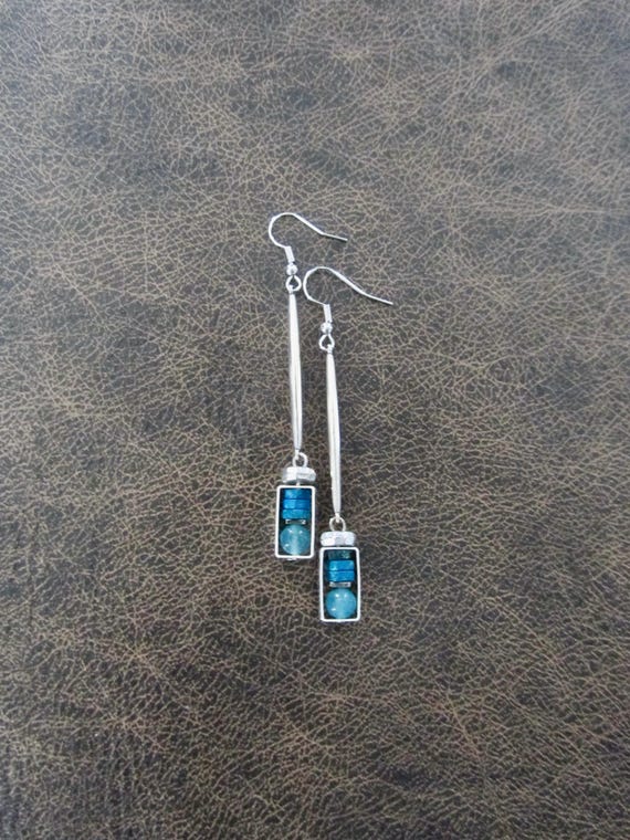 Blue and silver minimalist earrings, simple mid century modern earrings