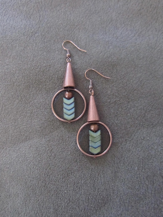 Copper geometric industrial earrings teal hematite