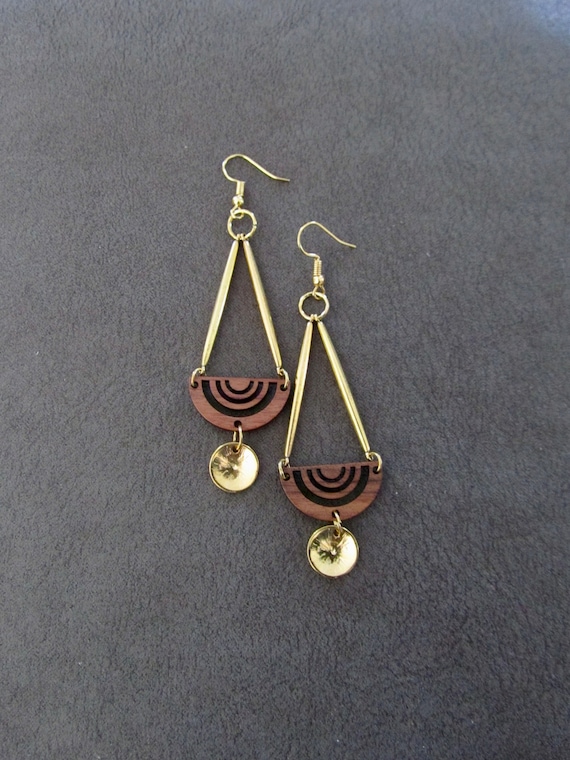 Long wooden mid century modern earrings