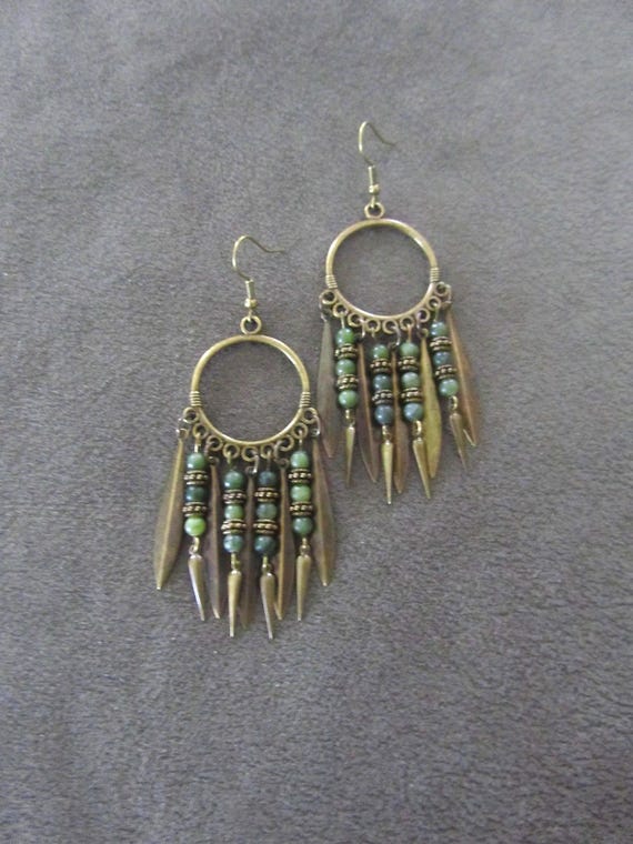 Jade and bronze dreamcatcher chandelier earrings