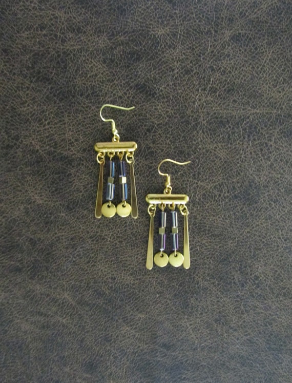 Chandelier earrings, iridescent glass and gold earrings
