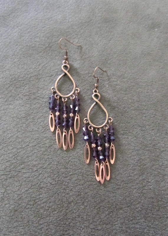 Chandelier earrings, purple crystal and copper gypsy earrings, boho bohemian unique princess