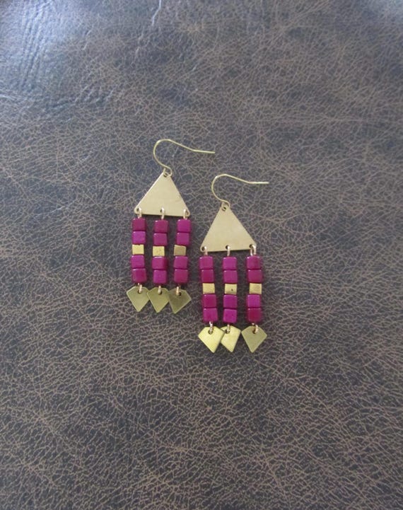Purple seed bead and antique brass earrings