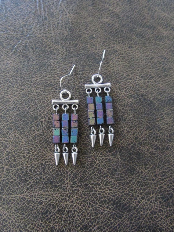 Electroplated lava rock and silver chandelier earrings