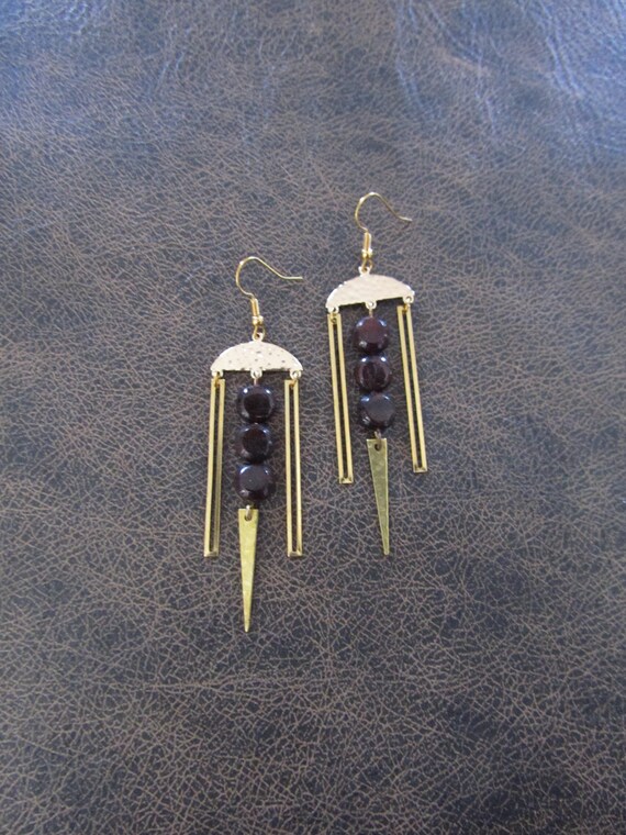 Garnet and brass chandelier earrings