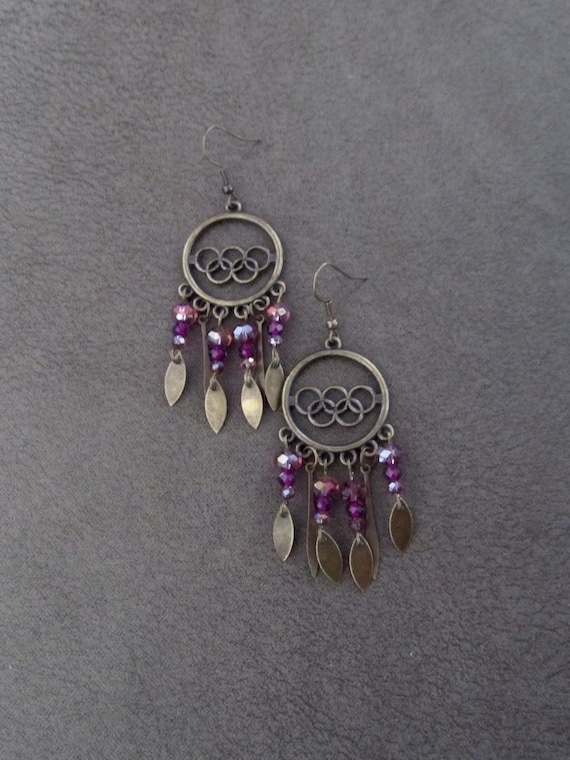 Chandelier earrings, purple crystal and bronze gypsy earrings, boho bohemian unique princess