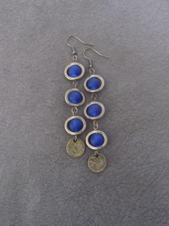 Royal blue frosted glass earrings, geometric earrings, artisan bronze 2