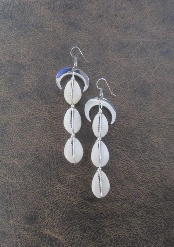 Long cowrie shell and silver unique modern dangle earrings