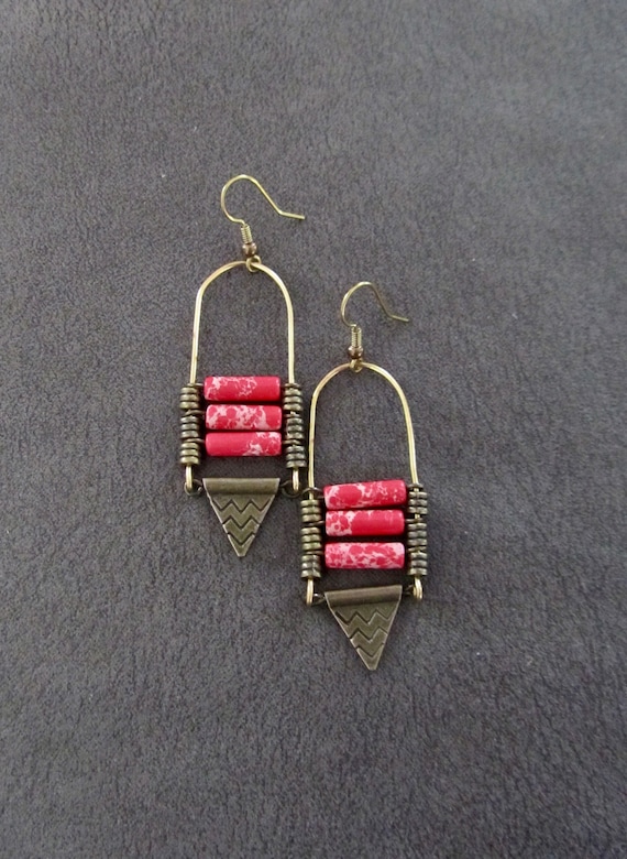 Jasper and bronze ethnic statement earrings, coral melon red