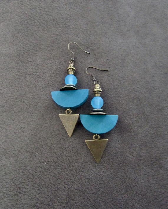 Blue wooden and glass earrings, bronze