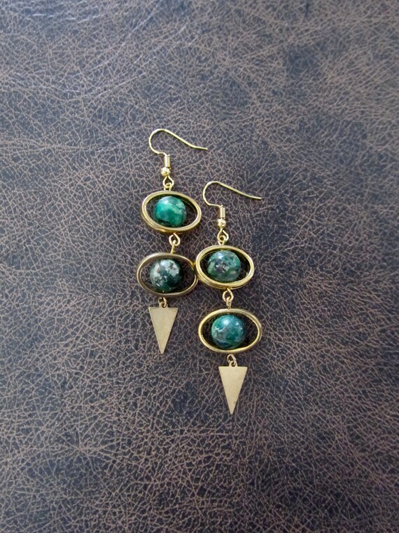Green imperial jasper and gold dangle earrings