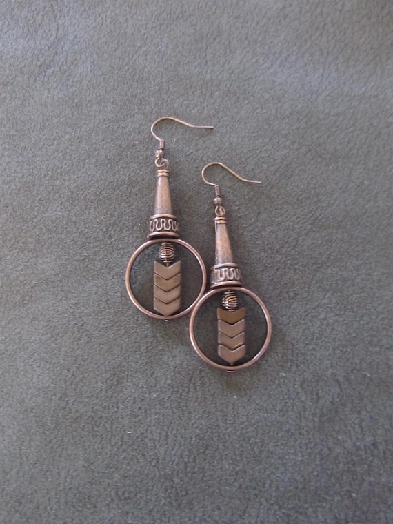 Copper geometric industrial earrings hematite