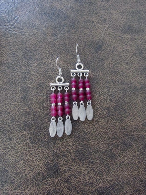 Fuchsia pink frosted glass chandelier earrings