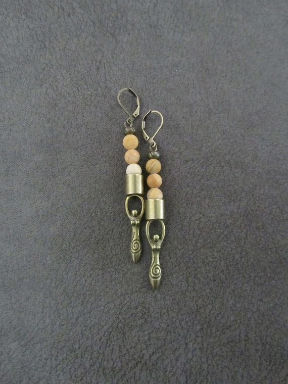Yellow stone bronze goddess female figure earrings