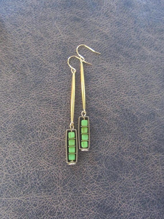 Simple green stone and brass earrings