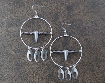 Large silver and hematite hoop earrings